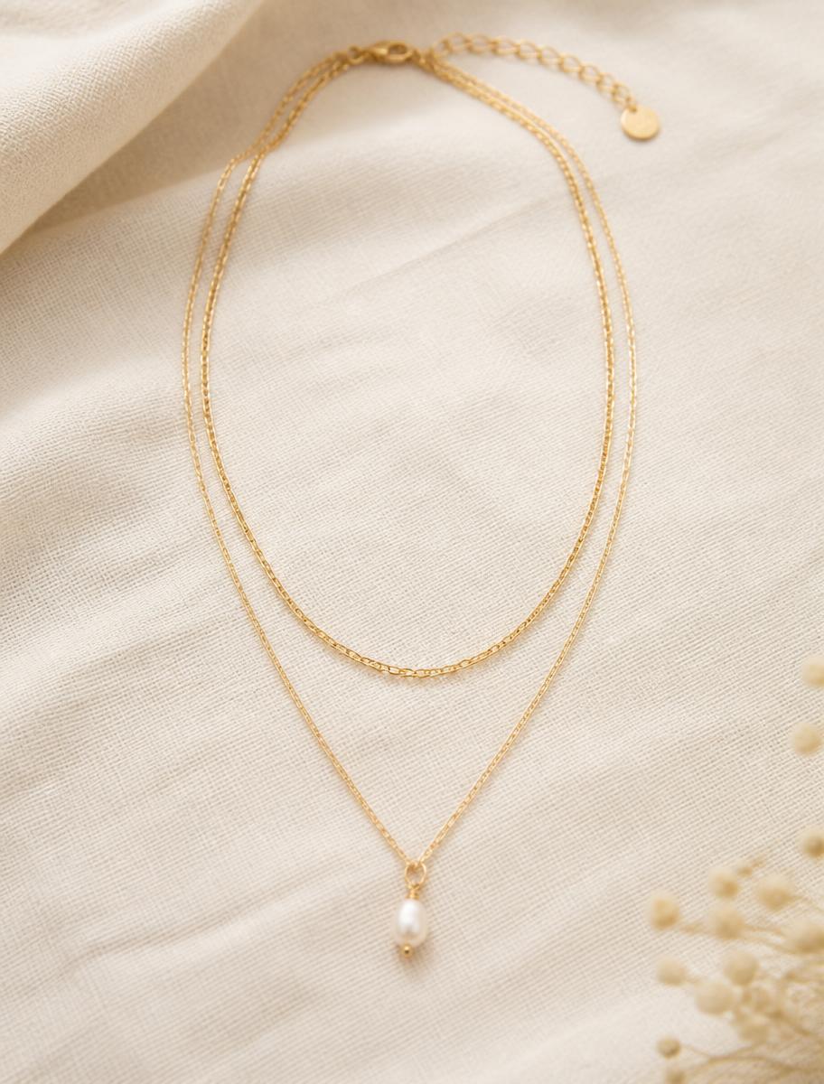 Gold Pearl Drop Layered Necklace